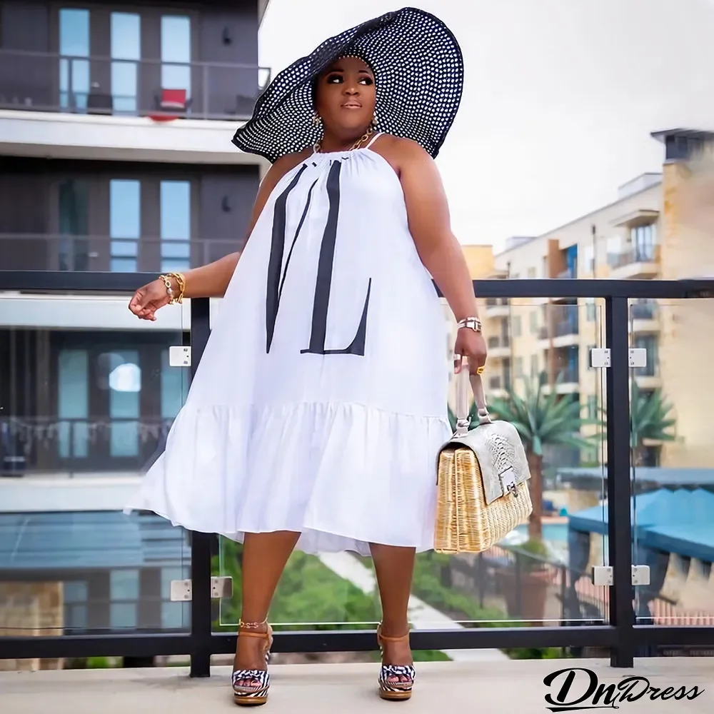 Plus Size Women'S Fashion Casual Solid Color Positioning Print Nightclub Style Loose Strap Ruffle Dress