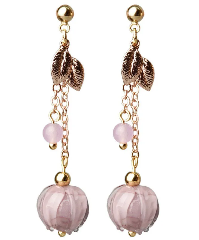 Simple Pink Coloured glaze Leaf Metal Drop Earrings