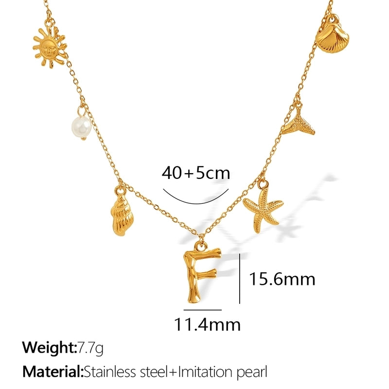 Beach Starfish 304 Stainless Steel Artificial Pearls 18K Gold Plated Polishing Inlay Pendant Necklace