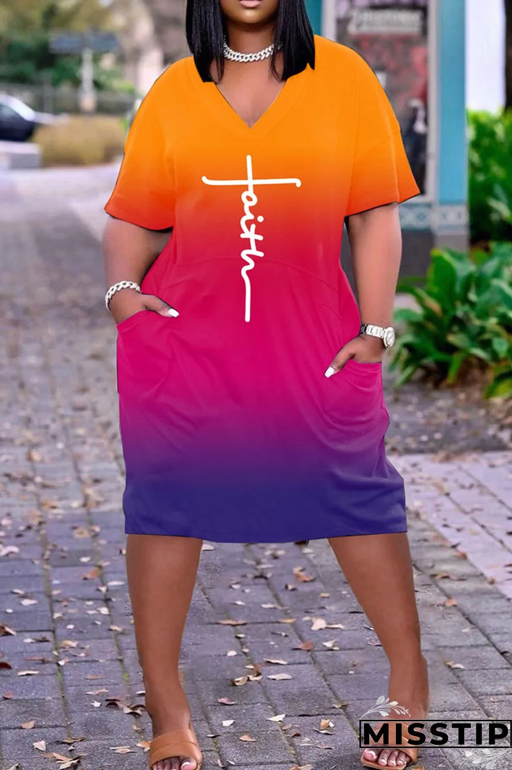 Multi-color Fashion Casual Print Patchwork V Neck Short Sleeve Dress