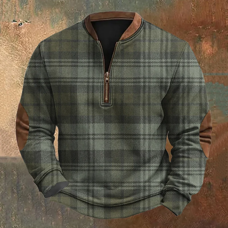 Men's Scottish Grid Printed Zipper Casual Sweatshirt