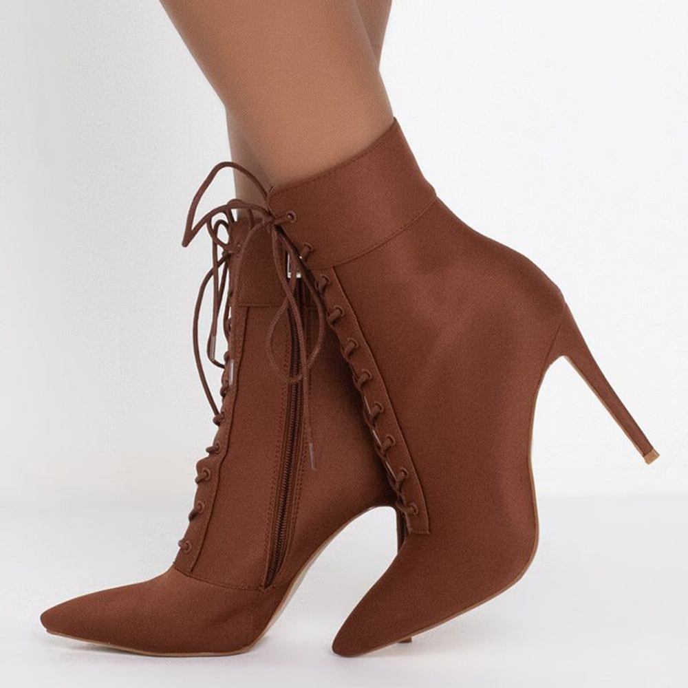 Brown Vegan Suede Closed Toe 4'' Stiletto Heel Lace Up Ankle Boots Nicepairs
