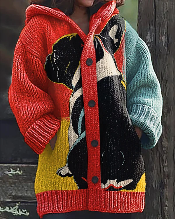 Vintage French Bulldog Art Print Hooded Cardigan