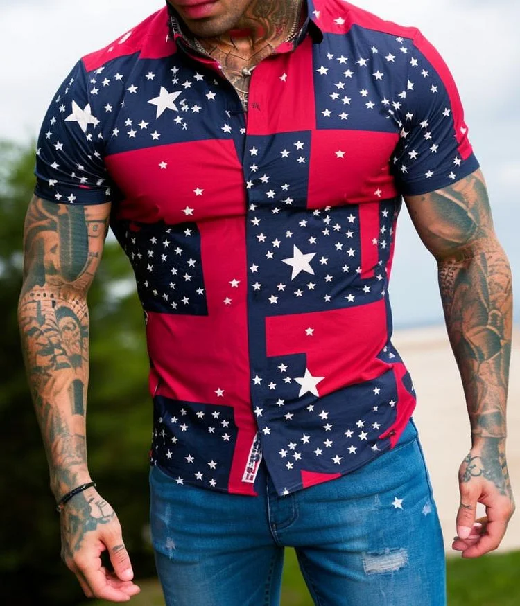 Men's Casual Star Printed Short Sleeve Shirt at Hiphopee