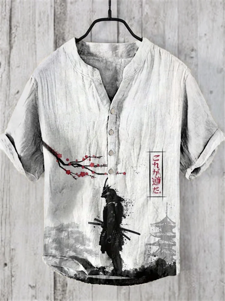 Japanese Art Warrior Tower Linen Blend Shirt