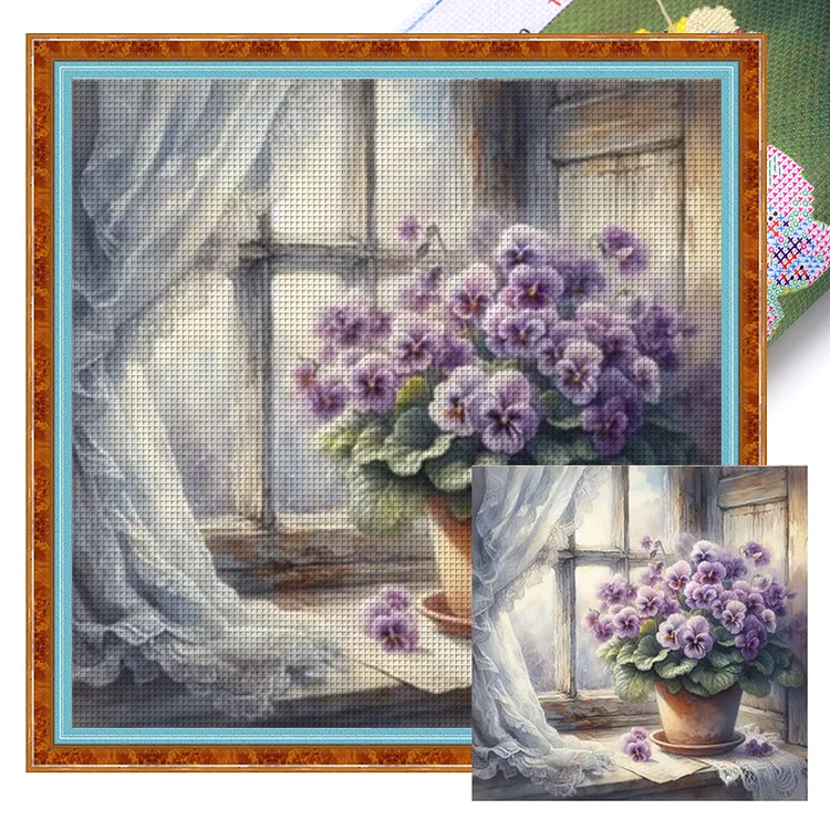 Purple Flower On The Windowsill (40*40cm) 11CT Stamped Cross Stitch gbfke