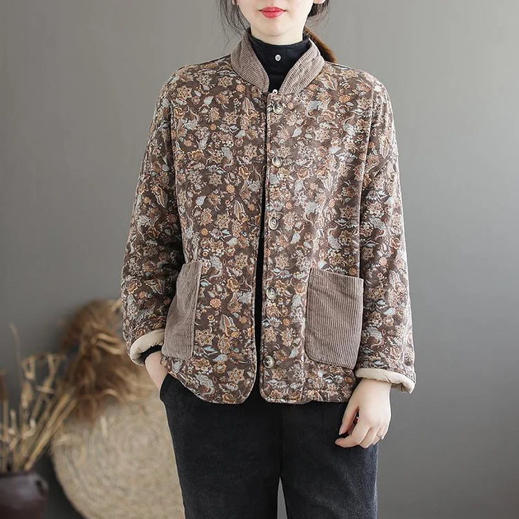Stand Collar Floral Jacket Coat With Pockets