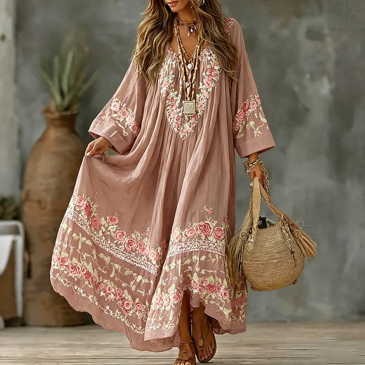 Women's Vintage Floral Art Print Flowy Linen Blend Casual Long Sleeve Maxi Dress