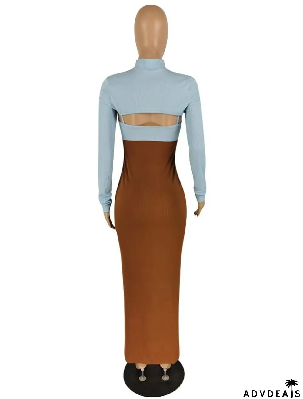 Fall Sexy Blue Contrast Brown Hollow Out High Neck Long Sleeve Slit Long Dress