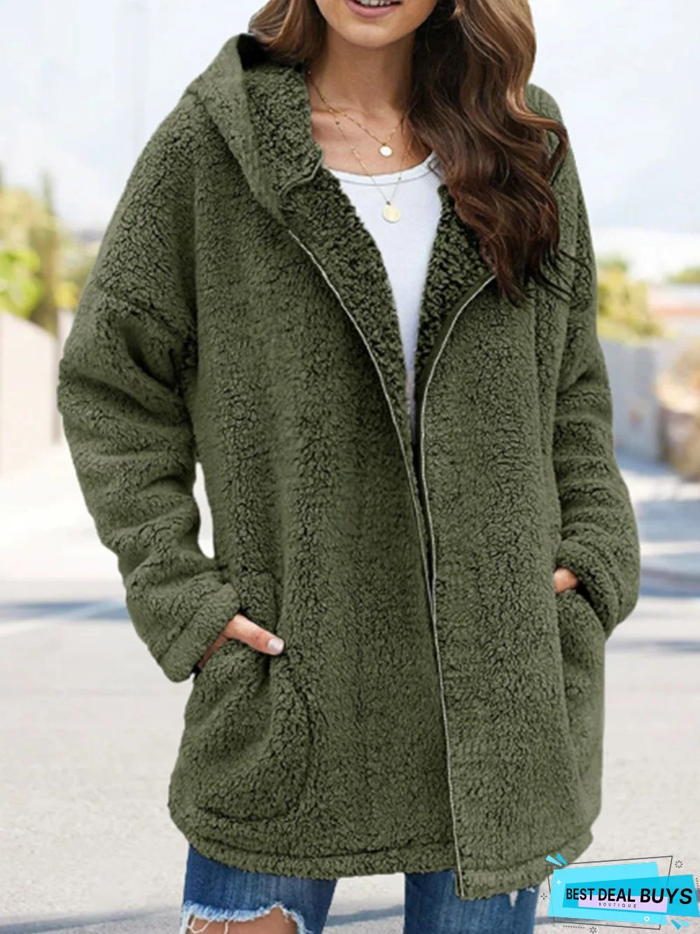 Women Autumn Winter Causal Daily Plush Fleece Zipper Long Sleeve Teddy Coat