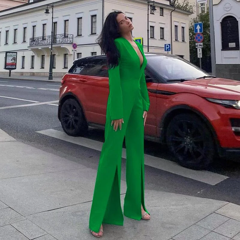 Sexy deep v neck slit wide leg jumpsuit-zachics