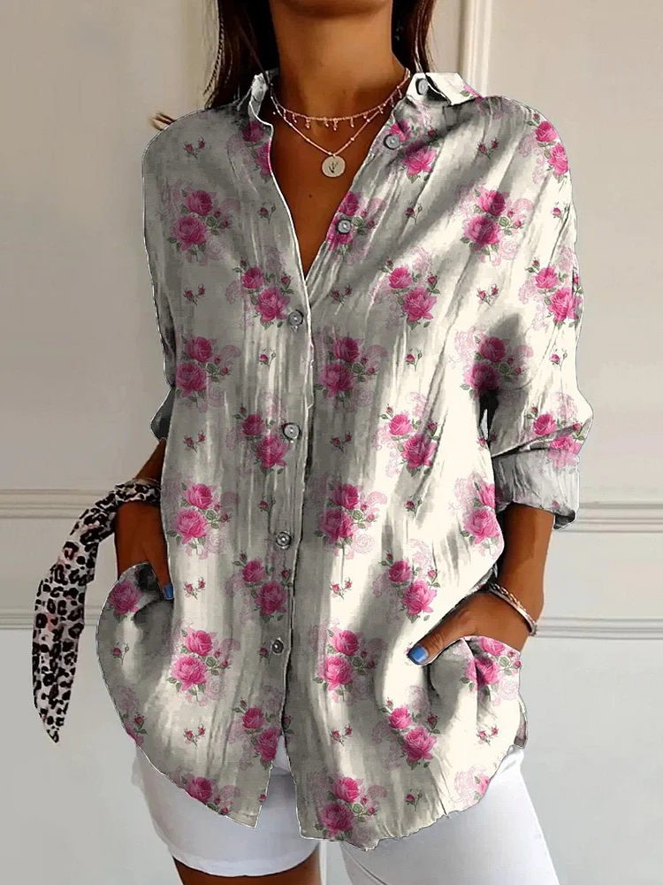 Watercolor French Rose Repeat Pattern Printed Women's Casual Cotton Shirt