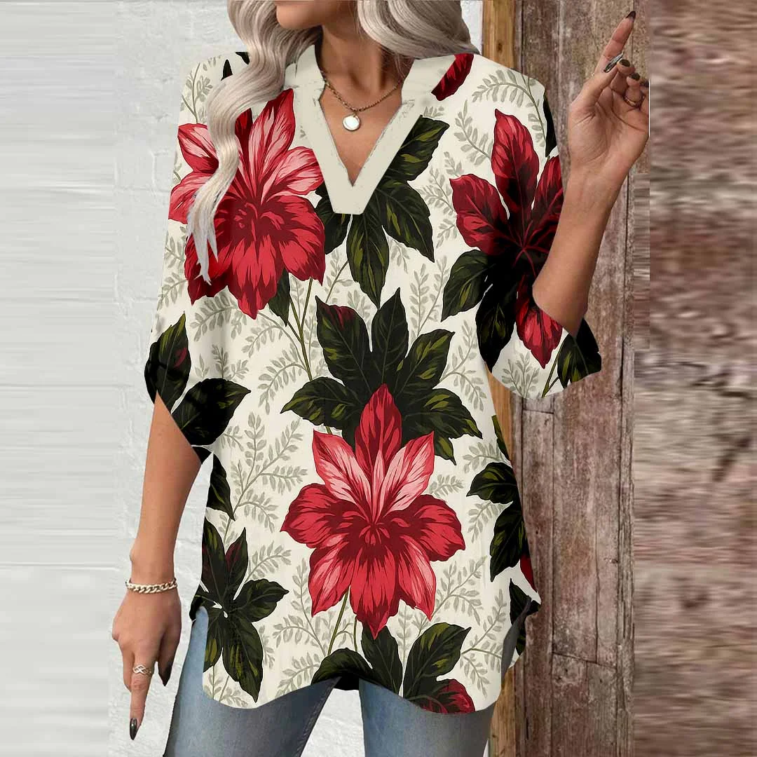 Women Floral, Black, Red DZGA0143 3/4 Sleeve V-neck Printed Graphic Button Tops