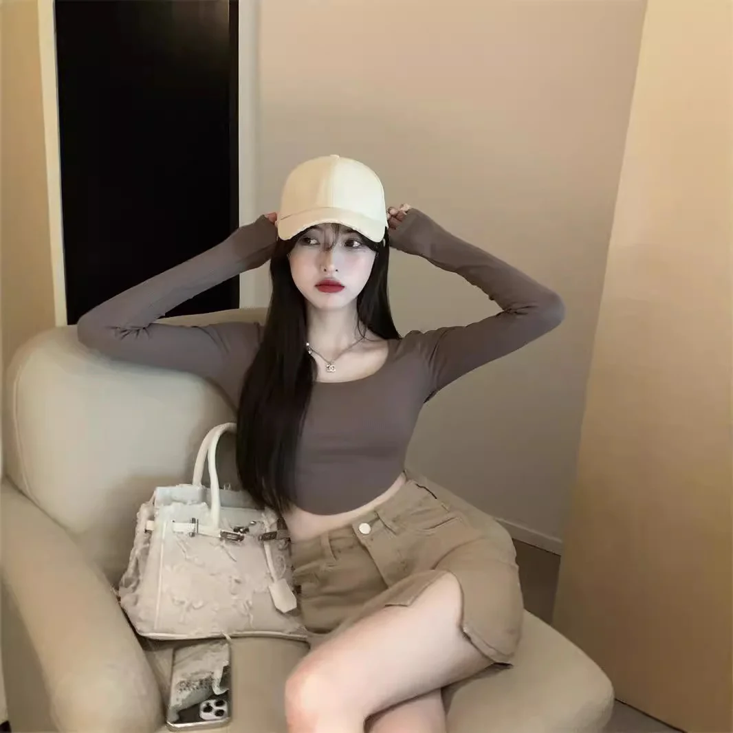 Uveng Uveng And Spicy Pure Desire Wind T-Shirt Slim Long Sleeve Design Sense Bottom Shirt Crop Hot Girl Short Student Jacket Female Early Autumn