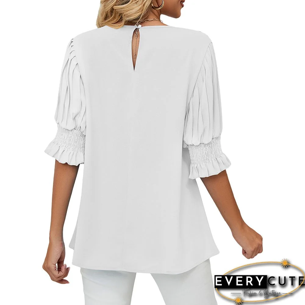 White Back Keyhole Ruffle 1/2 Sleeve Chiffon Blouse