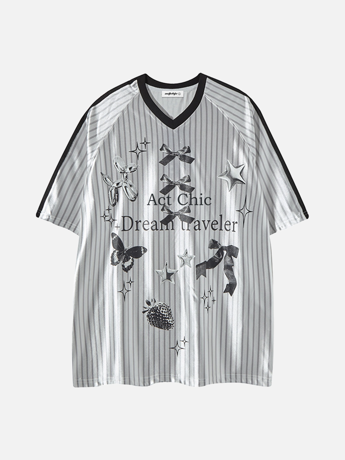 White Act Chic Glossy Bow Print Stripe Sporty Tee Front