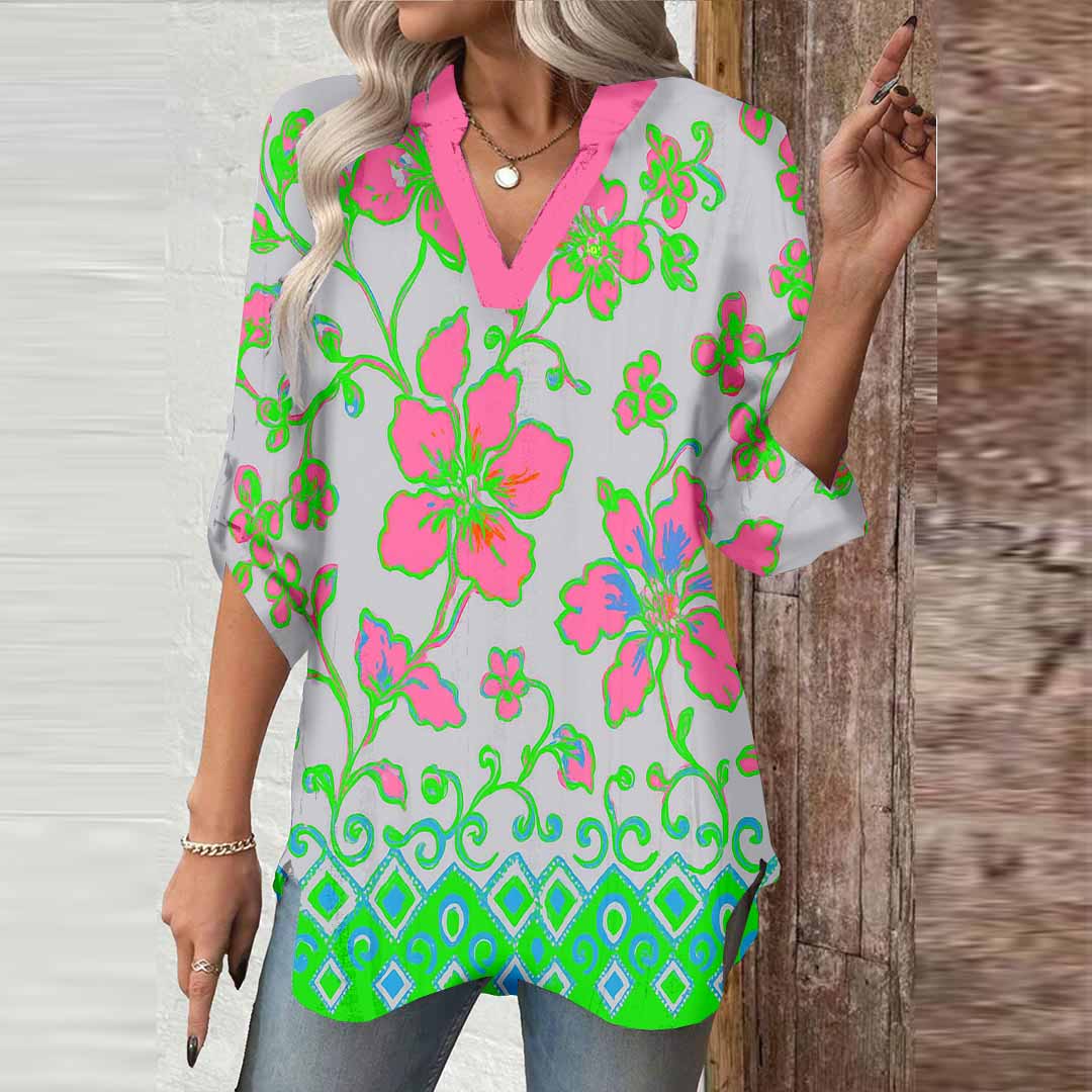 Women Floral,Green,Red DZGA0266 3/4 Sleeve V-neck Printed Graphic Button Tops