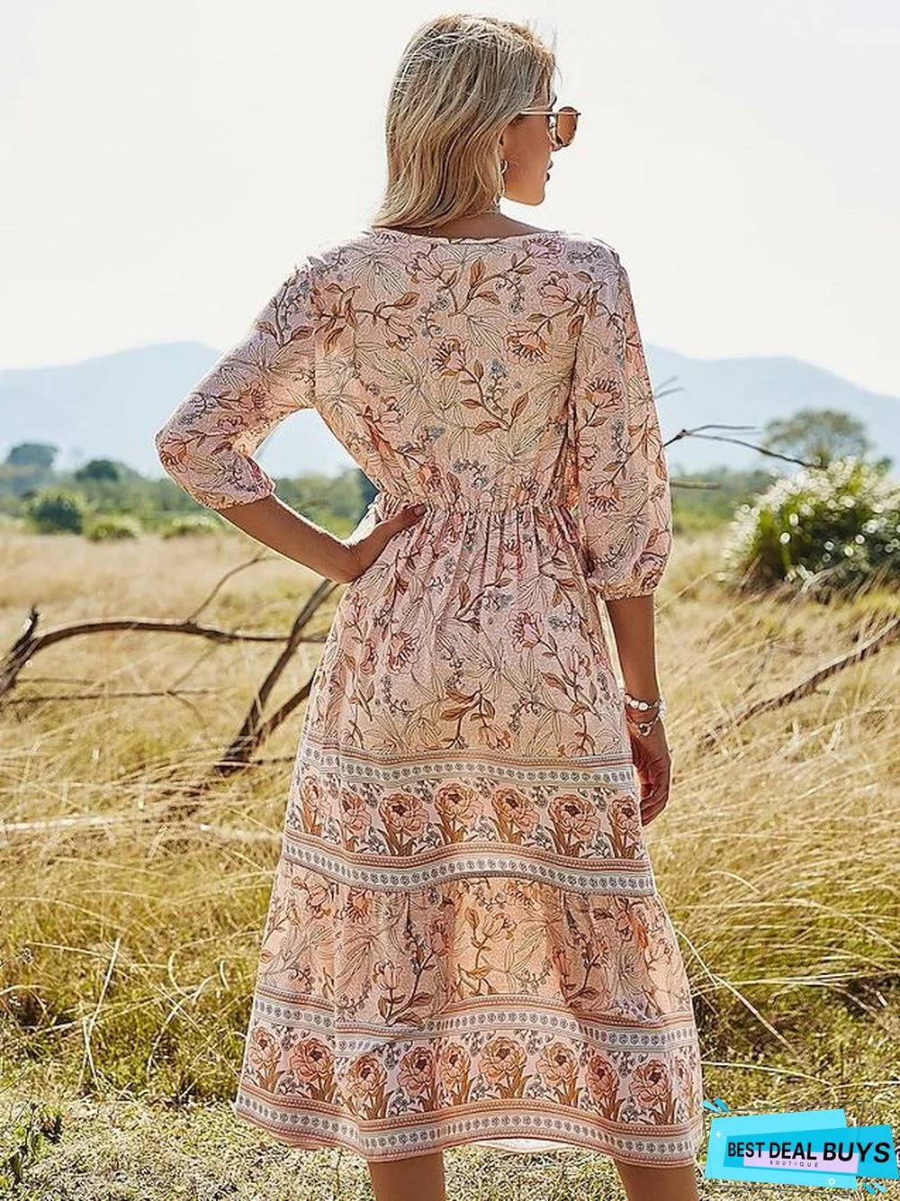 Women's Swing Dress Midi Dress Half Sleeve Print Spring Summer V Neck Vacation Holiday Boho