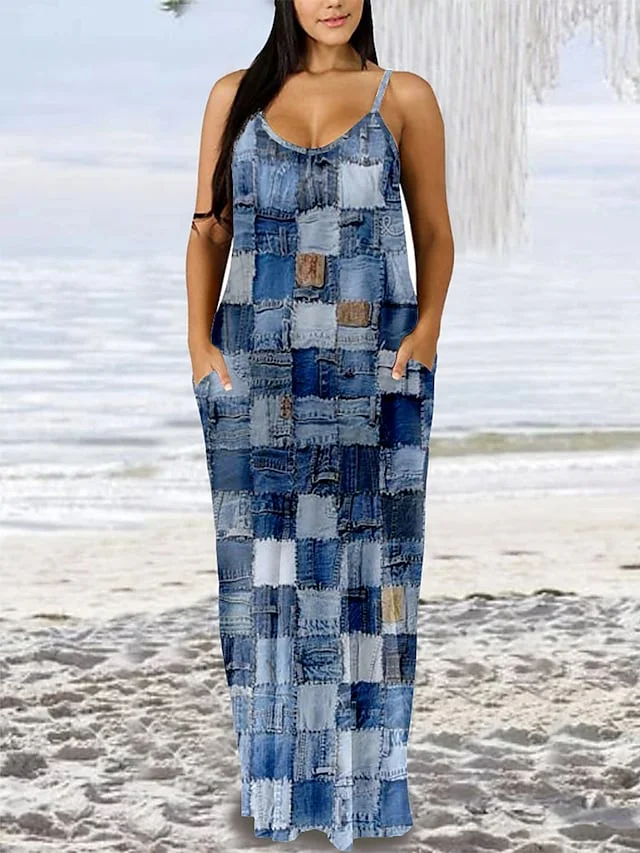 Women's Plus Size Casual Dress Strap Dress Geometric Color Block Long Dress Maxi Dress Sleeveless Print Strap Romantic Daily Blue Dark Blue Spring Summer L XL XXL 3XL 4XL | IFYHOME