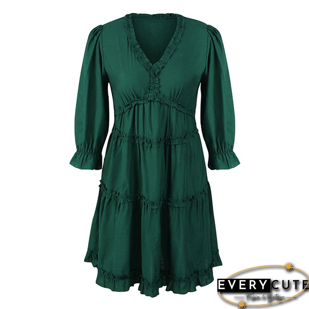 Green V Neck Ruffle Mini Dress