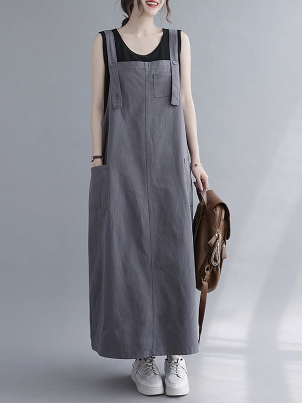 Casual Solid Color With Pocket Suspender Dress
