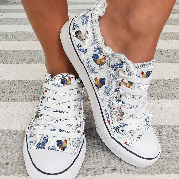 Comstylish Farm Rooster Print Canvas Shoes