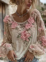 Women's Pink Rose Embroidery Art Round Neck Long Sleeve Linen Blend T-shirt