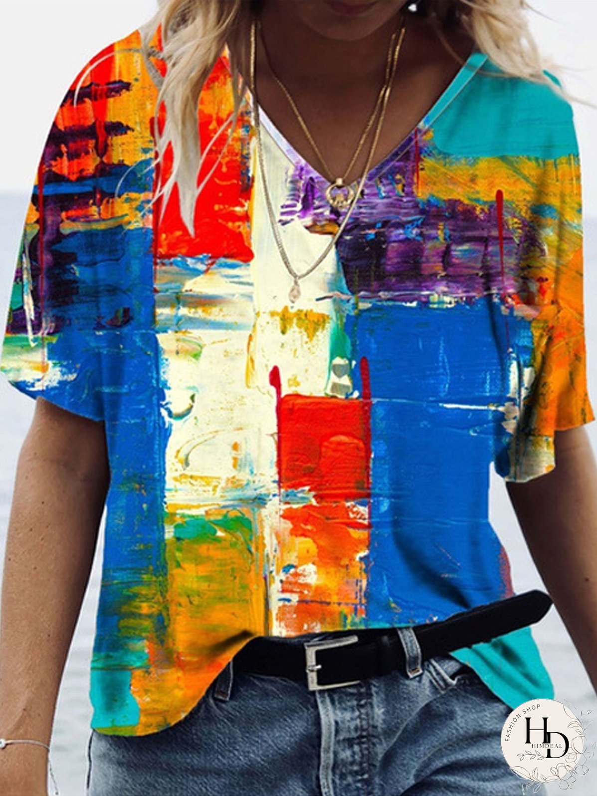 Color Block Printed V-neck Short-sleeved T-shirt