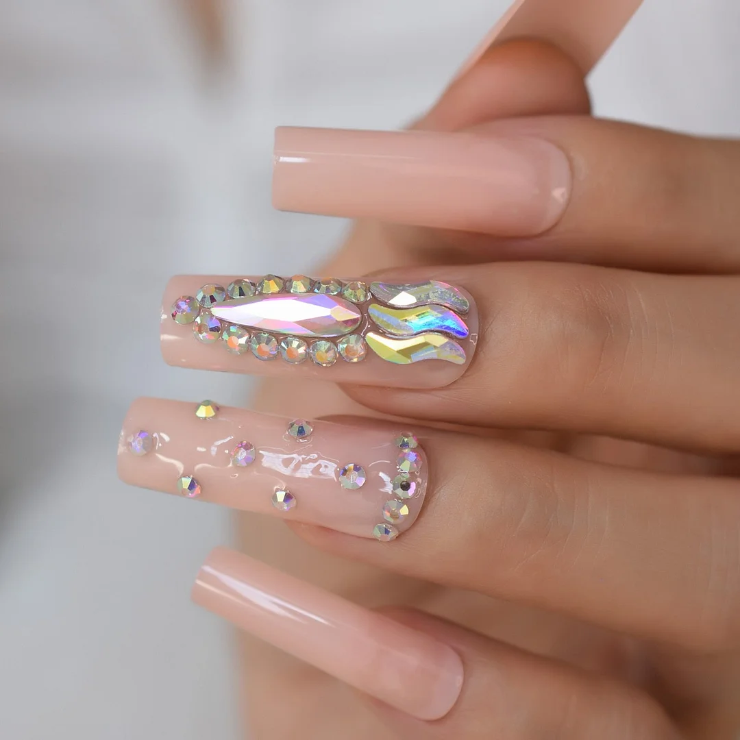 Luxury AB Stone Faux Ongles Rhinestones Decorative Extra Long Square Fake Nails Gegoues Designed Manicure Tips Nude Color-Nail Inspo
