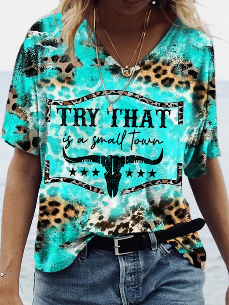 VChics Western Try That In A Small Town Turquoise Leopard Graphic T Shirt