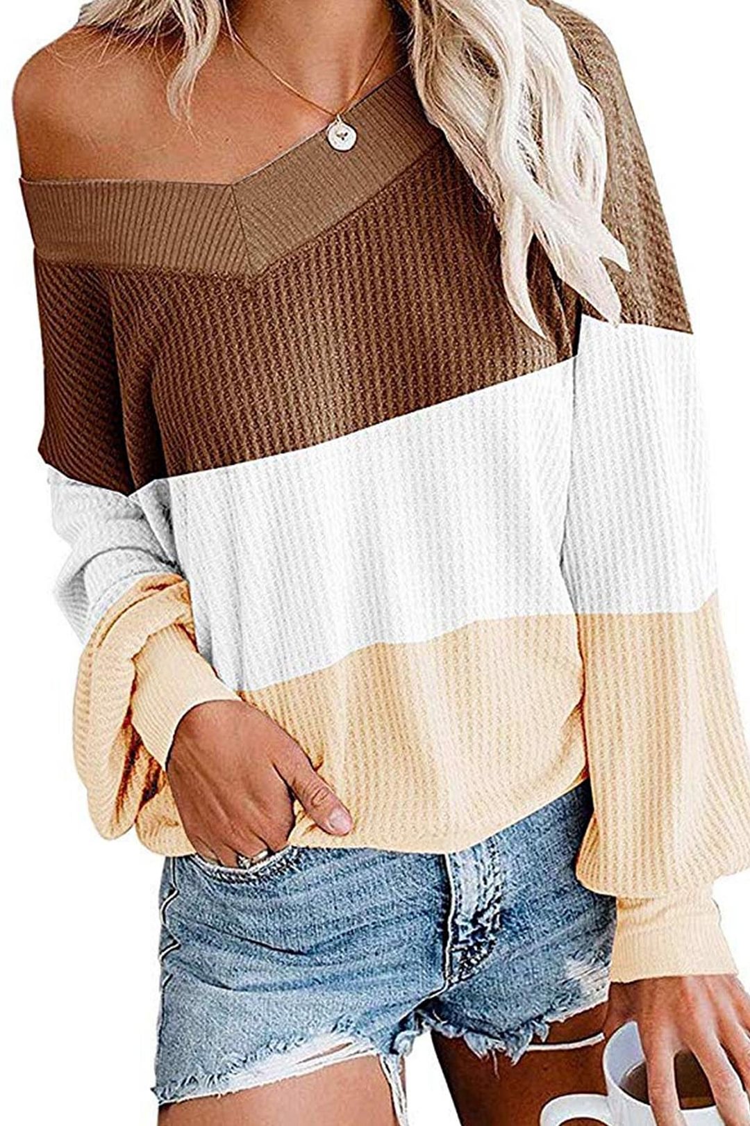 Women's V-neck Batwing Sleeve Sweater Three-color Stitching Loose T-shirt