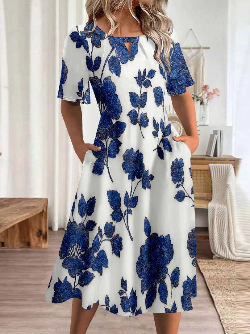 Women Floral,Blue DZHA8053 Short Sleeve Scoop Neck Graphic Printed Hollow Midi Dress