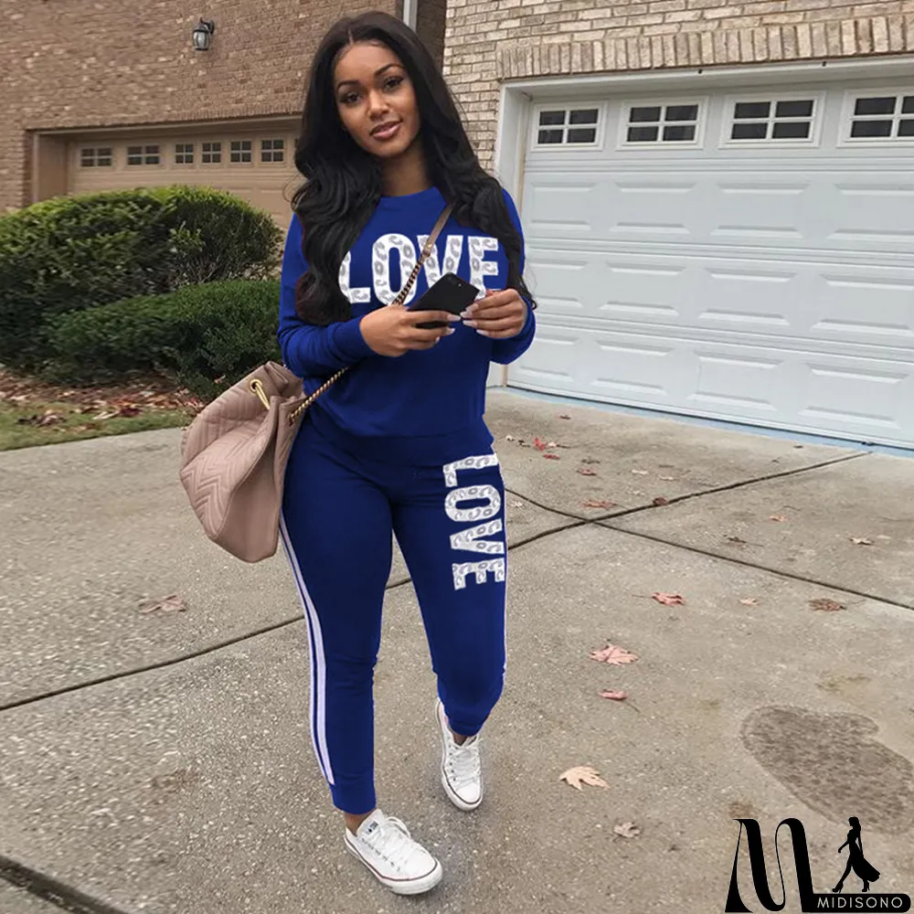 MidiSono - Plus Size Letter Print Long Sleeve 2 Piece Sets