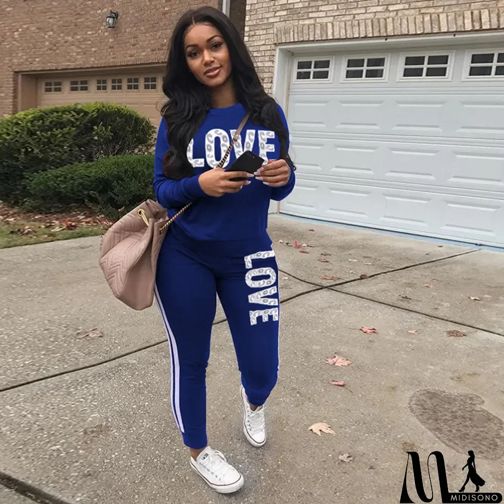 MidiSono - Plus Size Letter Print Long Sleeve 2 Piece Sets