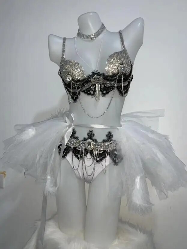 VCSHOES Sparkly Rhinestones Black White Nets Yarn Skirt Bikini Sets Music Festival Bar Party Nightclub Costume DJ DS Dance Stage Outfits