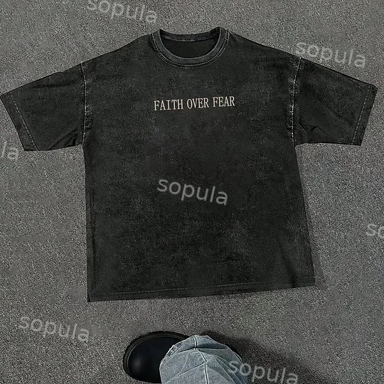 Vintage Faith Over Fear Graphic Acid Washed T-shirt