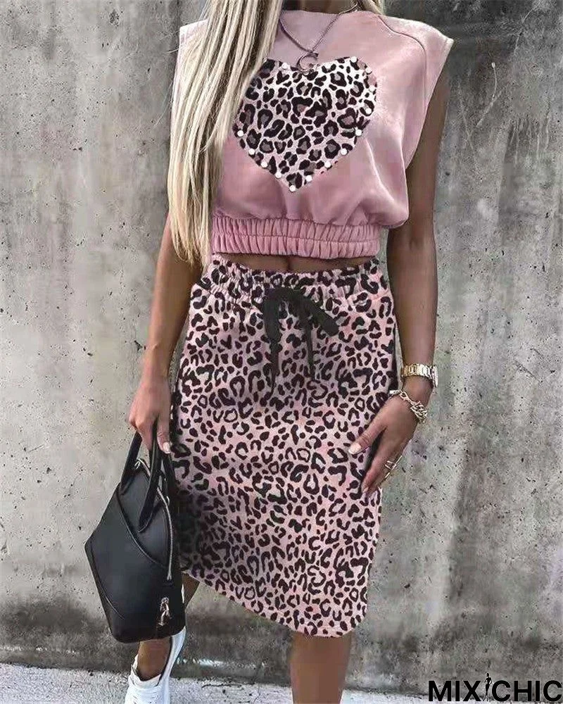 Women's Leopard Print Sleeveless Jacket Dress Two-Piece Suit T-Shirt