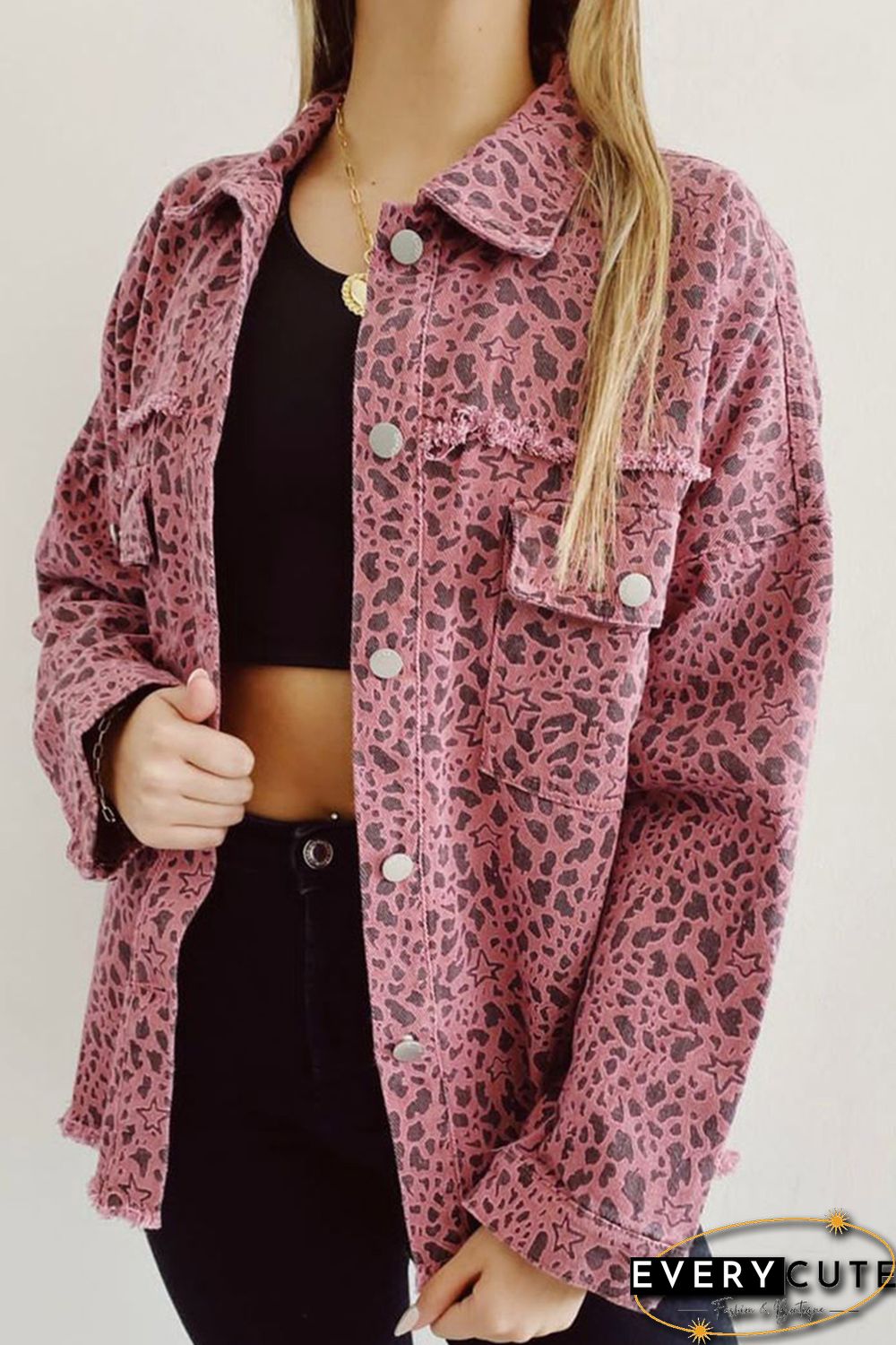 Pink Stars & Animal Spots Print Button Up Denim Shacket