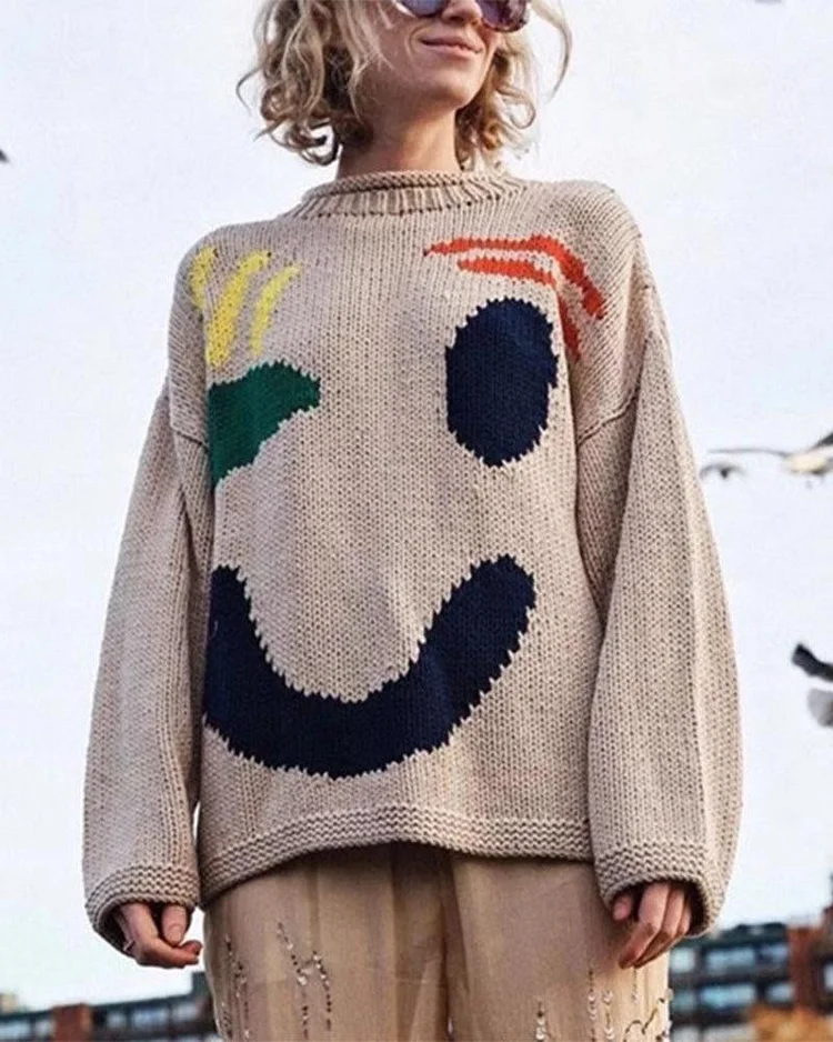 Multicolored Smiley Face Chunky Sweater