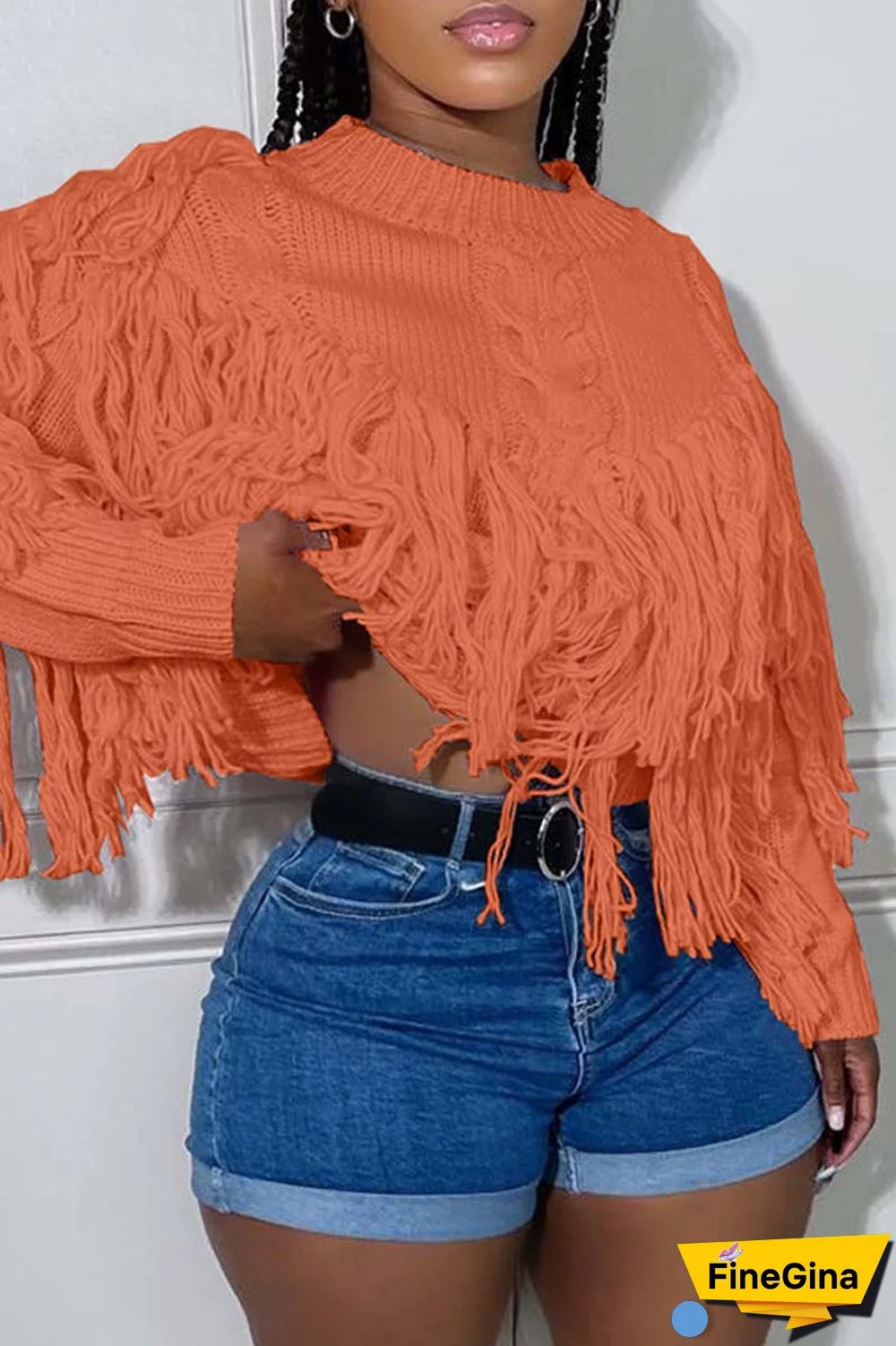 Pink Casual Solid Tassel O Neck Tops