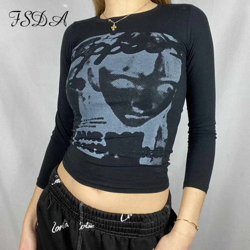 FSDA 2021 O Neck Long Sleeve T Shirts 90s Women Print White Autumn Winter Crop Top Casual Sexy Vintage Fashion Blue