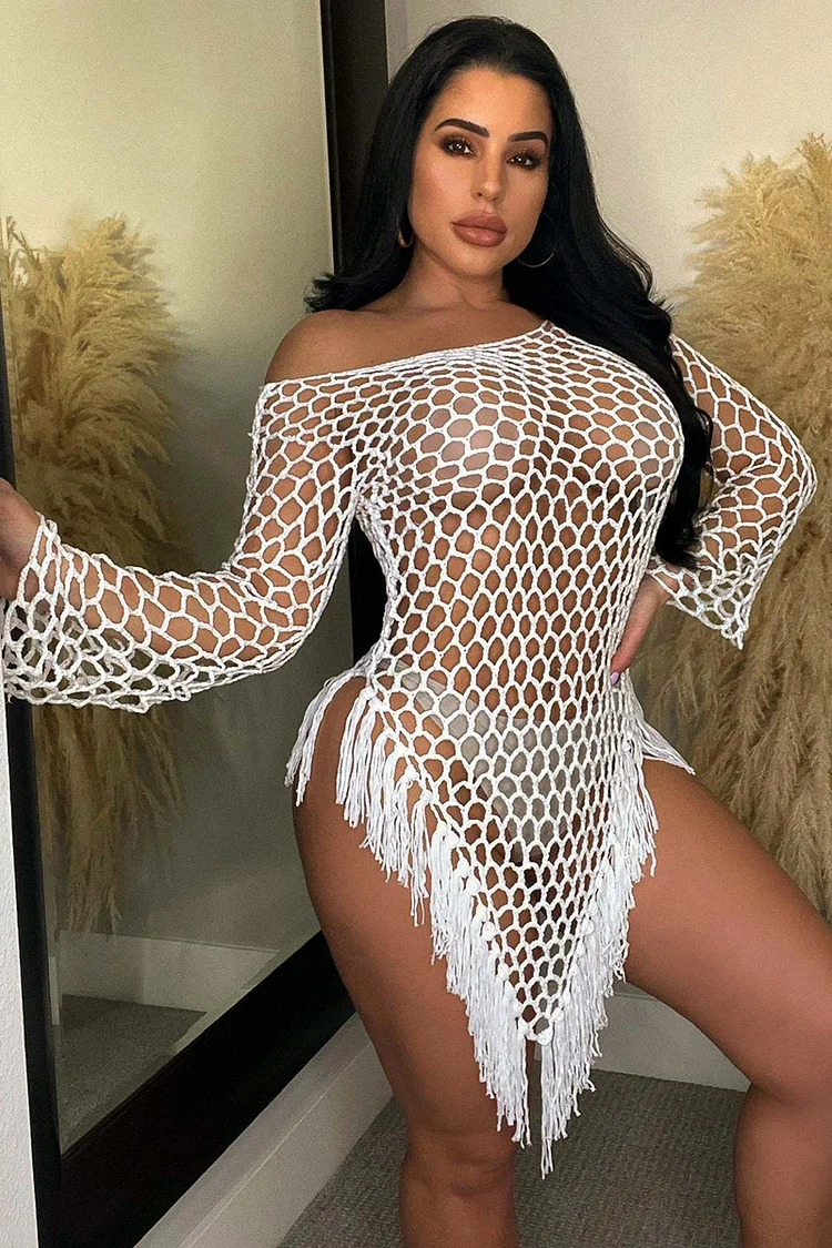 Long Sleeve Boat Neck Crochet Asymmetric Fringed Hem Cover Up White Mini Dress
