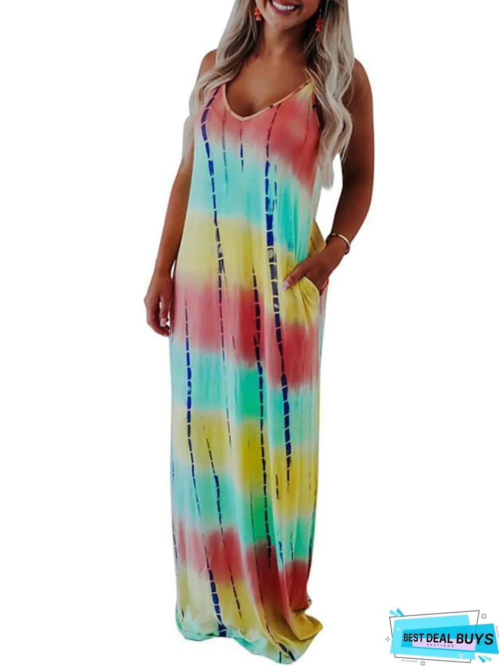 Women's Sundress Maxi Long Dress Sleeveless Print Fall Winter Casual Rainbow