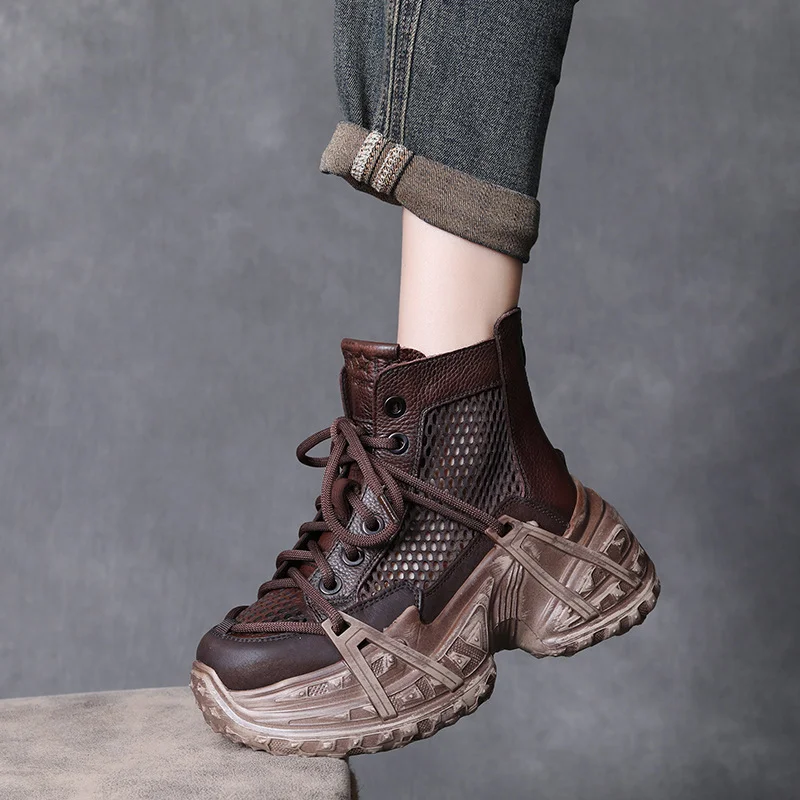 Yyvonne Layer Of Cow Skin Retro Cool Boots Women 2025 Summer New Breathable Hollow Mesh Sandals Thick Soles Leisure Short Boots