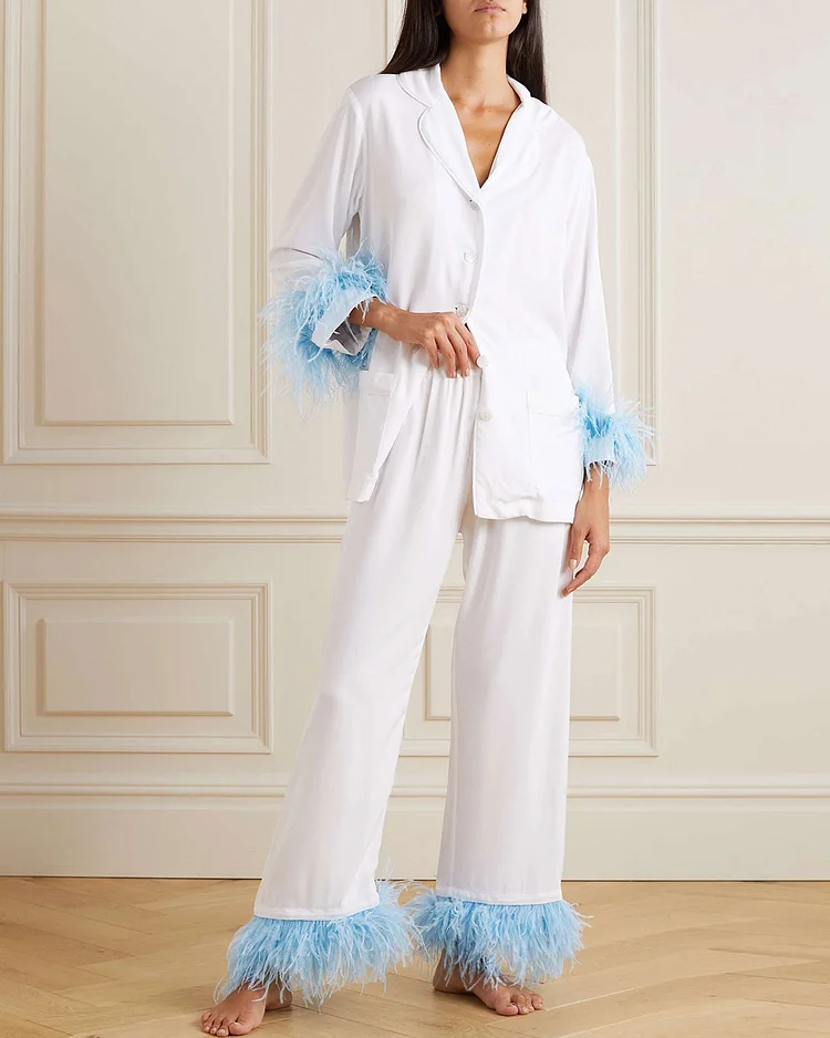 Feather-trimmed twill pajama set 