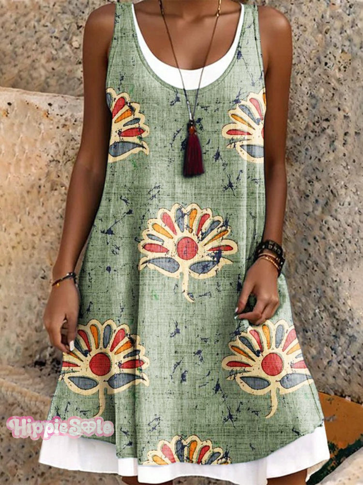 Women’s Vacation Casual Loose Splicing Retro Green Flower Art Print Dress Multicolor / S