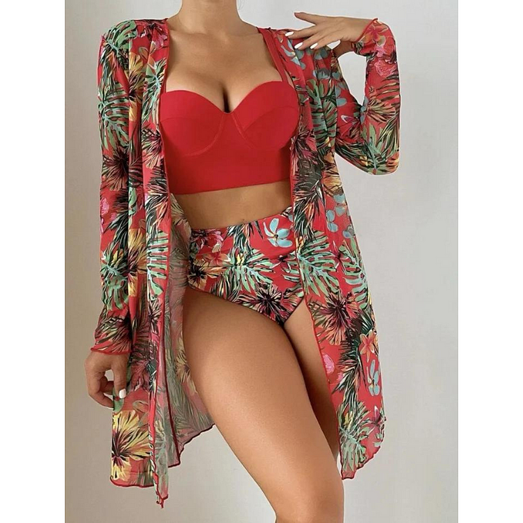 Push Up Printed Bikini Swimsuit and Chiffon Cardigan