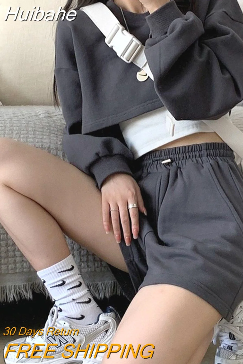 Huibahe Gothic Streetwear Gray Cropped Hoodies Women Harajuku Hip Hop Oversized Sweatshirts Long Sleeve Loose Tops Grunge Punk