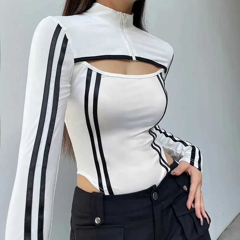 Brownm Striped Cut Out Bodysuit