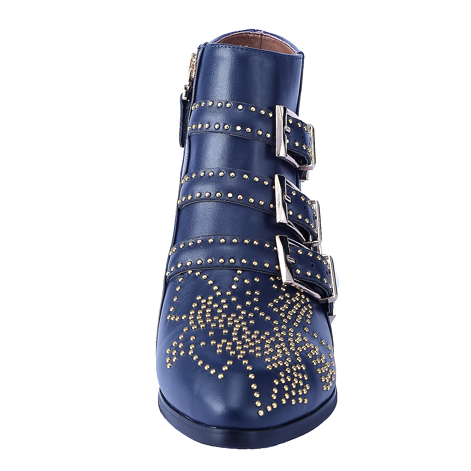 Women's Rivets Metal Buckle Low Heels Ankle Boots Navy Blue Gold-vocosishoes